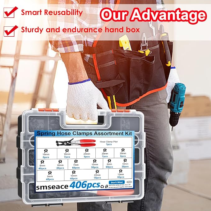 smseace 406Pcs 6-25mm Spring Band Hose Clamps With Plier 13-sizes Constant Tension Hose Clamp used for Fuel Line，Vacuum Hose，Air Hose