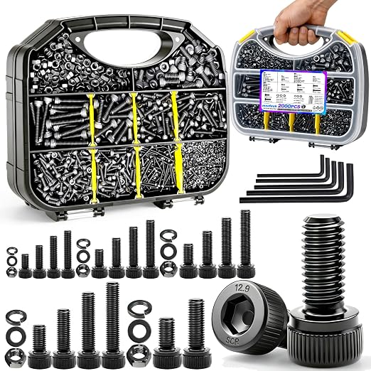 mxuteuk 2000PCS Metric Screw Assortment Kit,M6 M5 M4 M3 M2 Machine Screws,12.9 Carbon Steel Black Zinc Plated Hex Socket Head Cap Bolts Nuts and Washers Kit for 3D Printing DIY