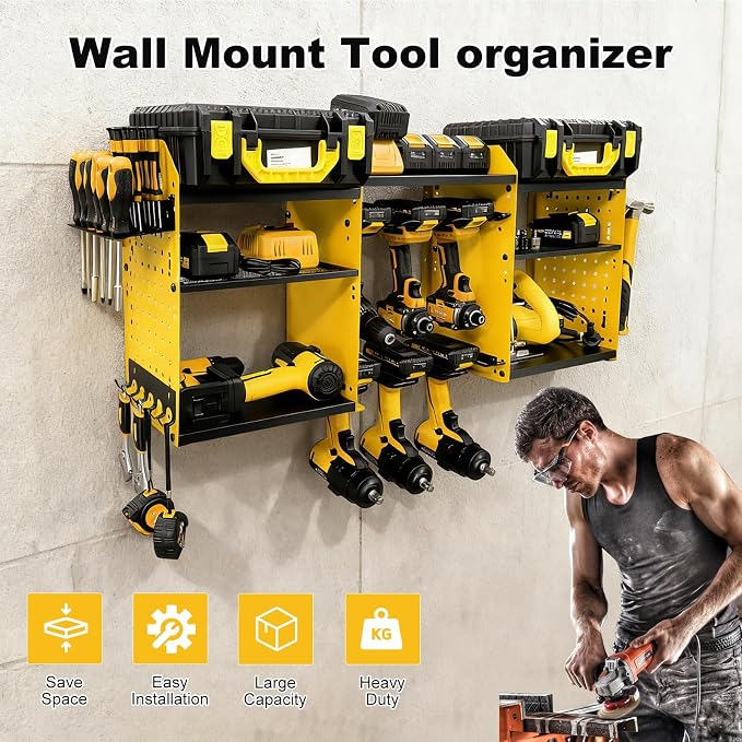 3 layers power tool organizer Loads 150lbs with 6 Cordless Drill Holder and 6 Outlet Power Strip,it’s good choice for husband birthday gift,yellow