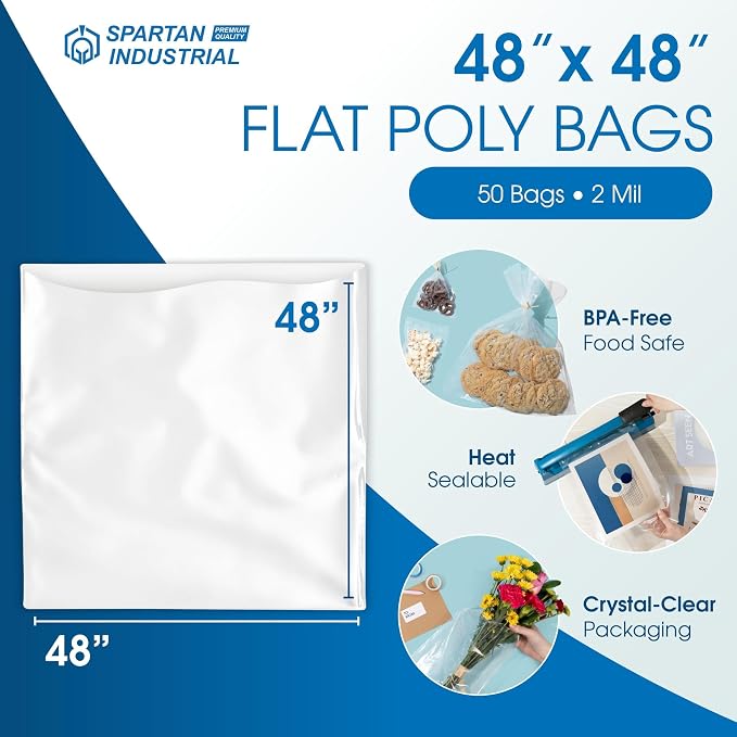 48" X 48" Open-End Flat Poly Bags (50 Count) - 2 Mil Clear Plastic Bags for Packaging, Shipping, Storage - No Adhesive Strip - Spartan Industrial