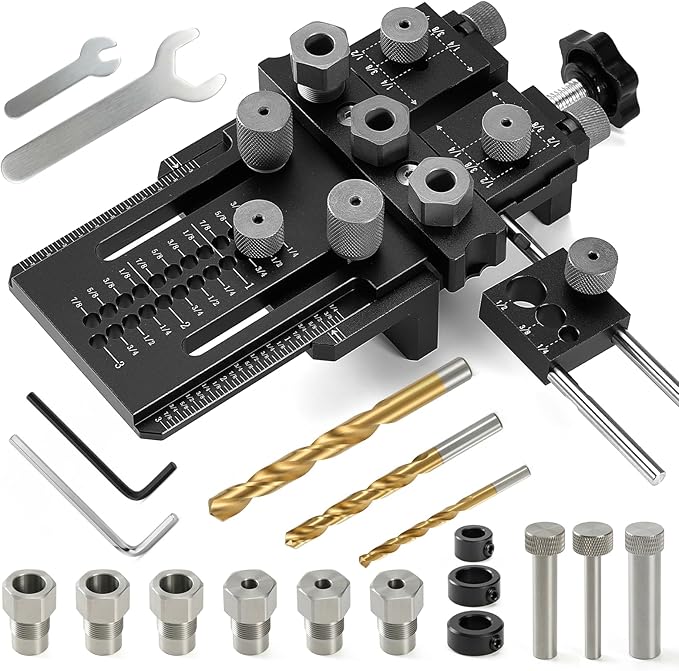 Woodworking Dowel Jig Kit, Precision Drill Guide with 1/4 3/8 1/2 Inch Bushings & Drill Bits, Adjustable Doweling Jig for Straight Holes, Quick Clamp System for Furniture Cabinet DIY Wood Joints