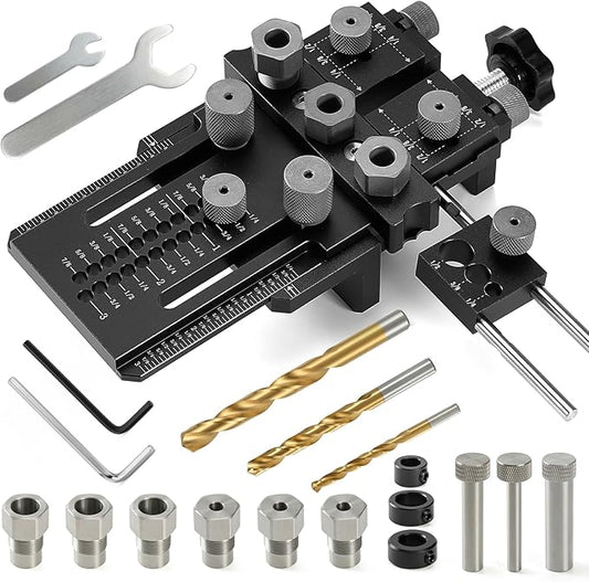 Woodworking Dowel Jig Kit, Precision Drill Guide with 1/4 3/8 1/2 Inch Bushings & Drill Bits, Adjustable Doweling Jig for Straight Holes, Quick Clamp System for Furniture Cabinet DIY Wood Joints