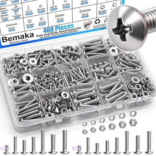 408PCS Machine Screws Nuts and Bolts Assortment Kit, 304 Stainless Steel Bolts #6-32#8-32#10-24 M3 M4 M5 Phillips Pan Head Hardware Screw Assortment Kit, Assorted Bolts, Nuts and Washers Kit