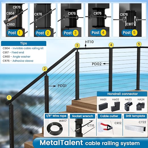 [Patent] Muzata 10 Pack 1/8" Black Swageless Invisible Cable Railing Kit Hardware Swageless Fittings Tensioner Hidden for 2"x2" Metal Post T316 Stainless Steel Deck Cable Railing System CB04