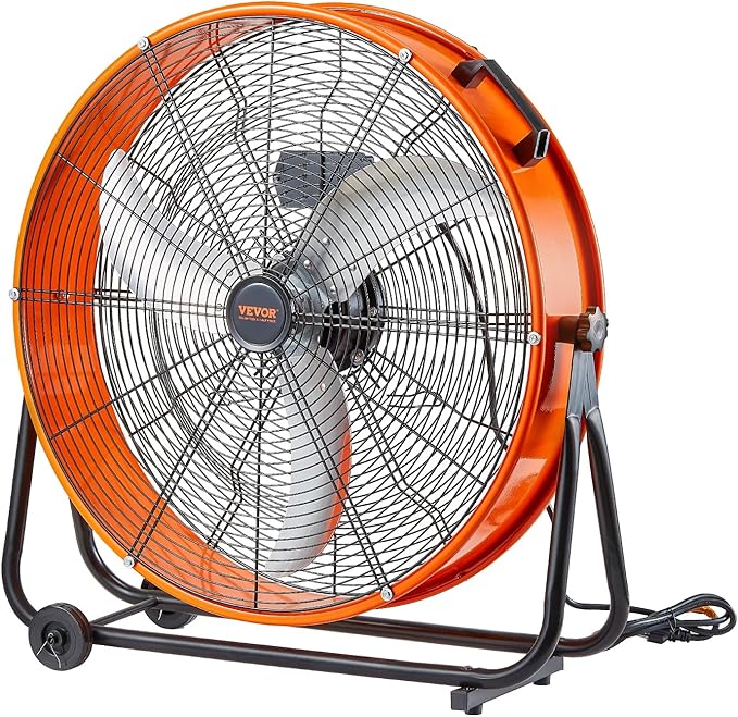 VEVOR Drum Fan, 24 Inch 8700 CFM High Velocity Heavy Duty Floor Shop Fan, 3-Speed, 5ft Cord, 360°Adjustable Tilting, Commercial Industrial Use for Warehouse, Workshop, Factory, Basement