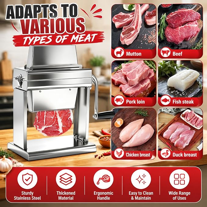 Commercial Manual Meat Tenderizer, 40-Blade Heavy Duty Stainless Steel Butcher Machine for Steak, Chicken, Pork, Lamb, Easy Clean, Large Feed Port for Restaurant, Butcher Shop & Home Use