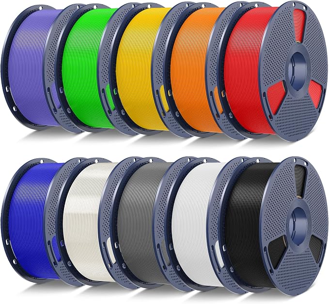 SUNLU 10kg PLA 3D Printer Filament Bundle,Neatly Wound PLA Filament 1.75mm ±0.02mm, 1kg per Spool,10 Pack,Black+White+Grey+Red+Klein Blue+Green+Vivid Yellow+Sunny Orange+Lavender Purple+Transparent