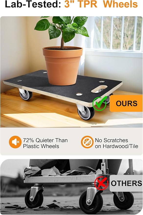 1100LB Heavy Duty Rectangle Moving Dolly Cart - 2-Pack with 3" TPR Wheels | Non-Slip 11-Layer Plywood Platform, No Assembly Needed - for Furniture, Warehouse, Home & Commercial Use