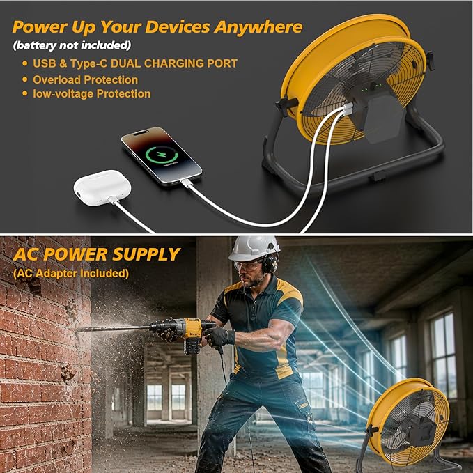 12 " Battery Operated Floor Fan Compatible with Dewalt 20V Max Battery, High Velocity AC DC Portable Fan with USB Output, Metal Blade Cordless Jobsite Fan for Garage, Camping, Workshop, Emergency Use