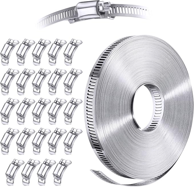 304 Stainless Steel Hose Clamp Assortment Kit DIY, Cut-To-Fit 50 FT Metal Strap+24 Stronger Fasteners, Large Adjustable Worm Gear Hose Clamps Screw Clamps Duct Pipe Metal Clamp Strapping