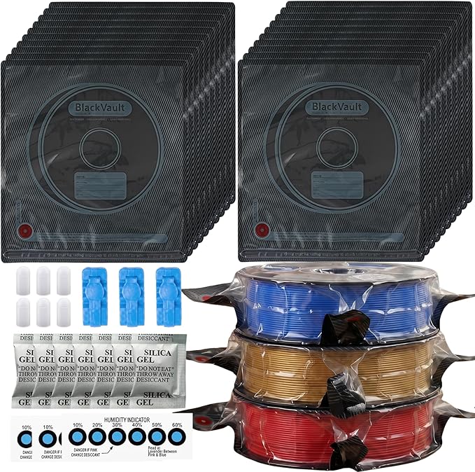 50 PCS Filament Storage Bags, Reusable 3D Printer Filament Bags | Vacuum Storage Bag Kit with Sealing Clips, Desiccants, Humidity Indicator Card and Mini Silicone Cover, 12.6 x 13.4 in, Black