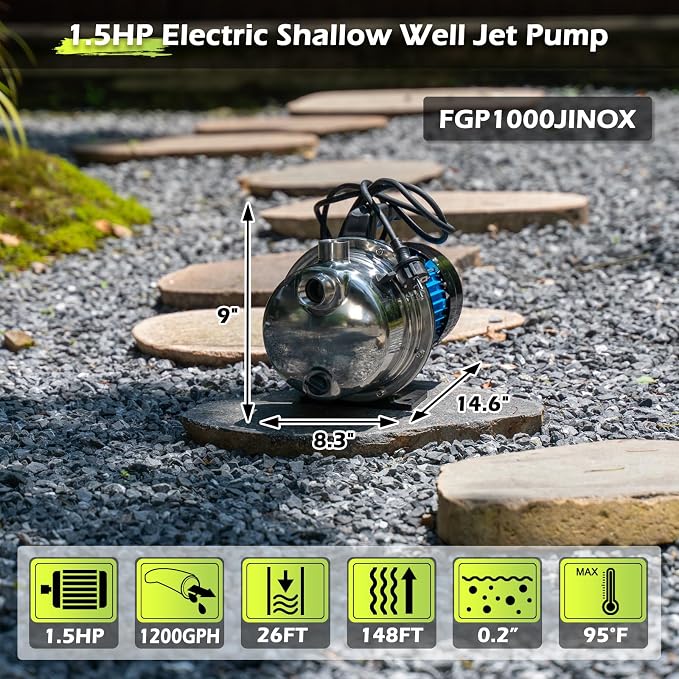 FLUENTPOWER Shallow Well/Deep Garden Pump, 1.5HP 1200GPH Portable Water Booster Jet Pump for Home, Garden, Lawn, Sprinkler Irrigation, Water Transfer, Stainless Steel