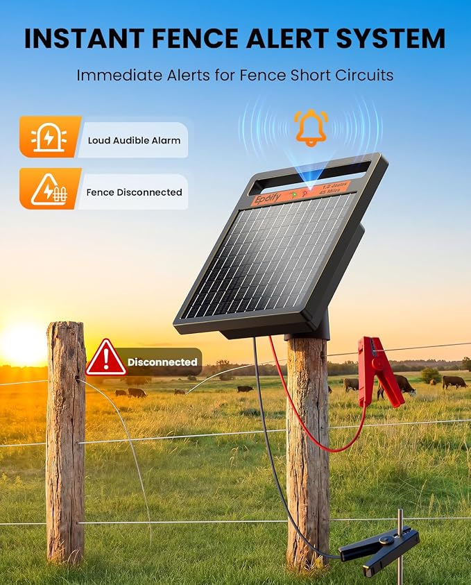 Solar Electric Fence Charger 1.2J Stored Energy, 45 Miles Coverage,8W Solar Fence Energizer with 10000mAh Battery,7–11kV Output, Smart Alarm, All-Weather Fence Charger for Cattle, Horses & Farms