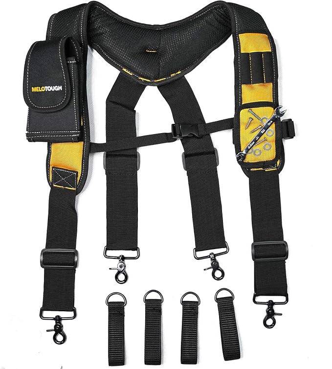 MELOTOUGH 1 PACK Tool Belt with D ring and Strong Durable Double Metal Roller Buckle,Adjustable waist + 1 PACK Magnetic Suspenders Tool Belt Suspenders with Large Moveable Phone Holder