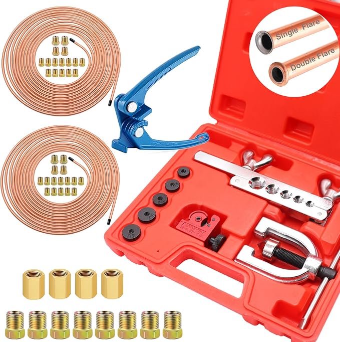 Tnisesm Brake Line Kits with Brake Line Double & Single Flaring Tool Kit + Blue Tube Bender- 25 Ft. 3/16 and 1/4 Copper Coated Brake Lines Kit (with 32 Fittings and 8 Unions)
