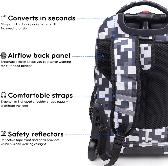 J World Sundance Laptop Rolling Backpack for Girls Boys. Roller Bookbag with Wheels, 20 Inch, Camo