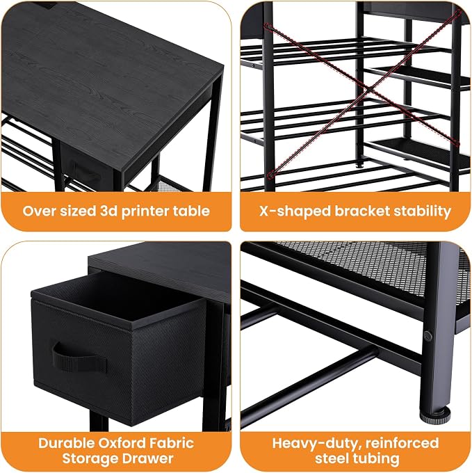 3D Printer Table with Storage, Heavy Duty Metal 3D Printer Stand with Filament Storage Drawer & Power Hub, Large Capacity 3D Printer Desk for Workshop, Studio & Home Office(Black)