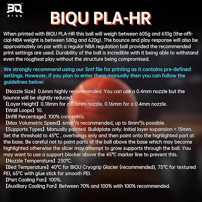 BIQU PLA-HR Flexible 3D Printer Filament Specifically for Printing Airless Basketballs, 1.75mm 1KG Spool (2.2lbs), Flexi Tough Filament Compatible with Most FDM 3D Printer (Orange)