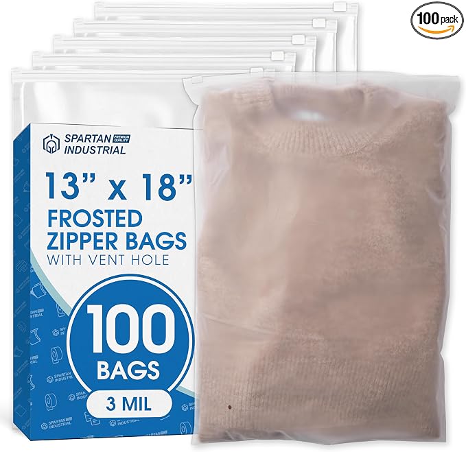 Spartan Industrial - 13” X 18” (100 Count) 3 Mil Frosted Reclosable Zip Plastic Bags with Resealable Lock Seal Zipper and Vent Hole | For Packaging Clothes, Shirts & More