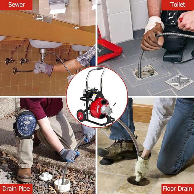 75FT x 1/2 Inch Electric Drain Cleaner Machine, Electric Drain Auger with Auto Feed Sewer Snake, 4 Cutters, Air-Activated Foot Switch, for 1-4 Inch Pipes, Toilets and Sinks