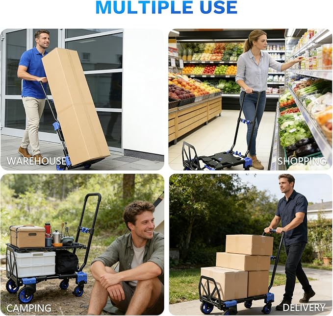 2 in 1 Folding Hand Truck,330lbs Capacity Heavy Duty Hand Truck,with Telescoping Handle and Rubber Wheels,Portable Dolly Cart with Bungee Cords for Moving,Travel,Shopping