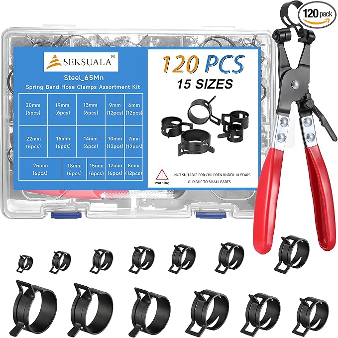 120Pcs 1/4" to 1" (6-25mm) Spring Hose Clamps Set with Swivel Flat Plier – Constant Tension Steel Clamps for Fuel Lines, Silicone, Vacuum, Cooling & Industrial Hoses