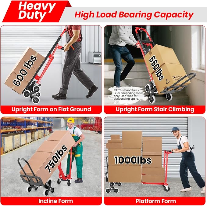 4-in-1 Hand Trucks Dolly 1000 LBS Stair Climbing Cart, Heavy Duty Industrial Convertible Utility Cart Converts from Hand Trucks Dolly to Platform Cart Folding Stair Climbing Cart (Red)