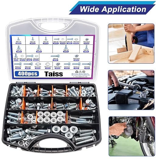 Taiss 400PCS Metric Flange Bolt Assortment kit,10.9 Grade M6x1.0/M8x1.25/M10x1.5 Bolt(12mm to 45mm) White zinc Plating Hex Metric Bolts and Nuts Washers,Nuts and Bolts Assortment kit (White)