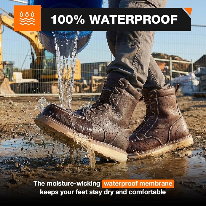 NINGO Steel Toe Work Boots for Men, 8 Inches Waterproof Moc Toe Construction Boots, Goodyear Welt Non Slip Wedge Outsole, Full-Grain Leather EH Rated Mens Safety Work Shoes, for Industrial, Welding