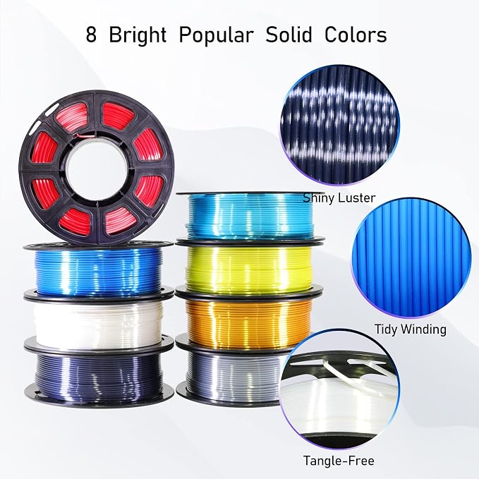 BBLIFE 1.75mm 8 Spools Silk Shiny 3D Printer PLA Filament Bundle Pack: 8 Silk Shiny Colors: Gold Silver White Black Green Purple Red Blue, Each Spool 250g, 8 Spools, Total 2Kg 3D Printing Filament