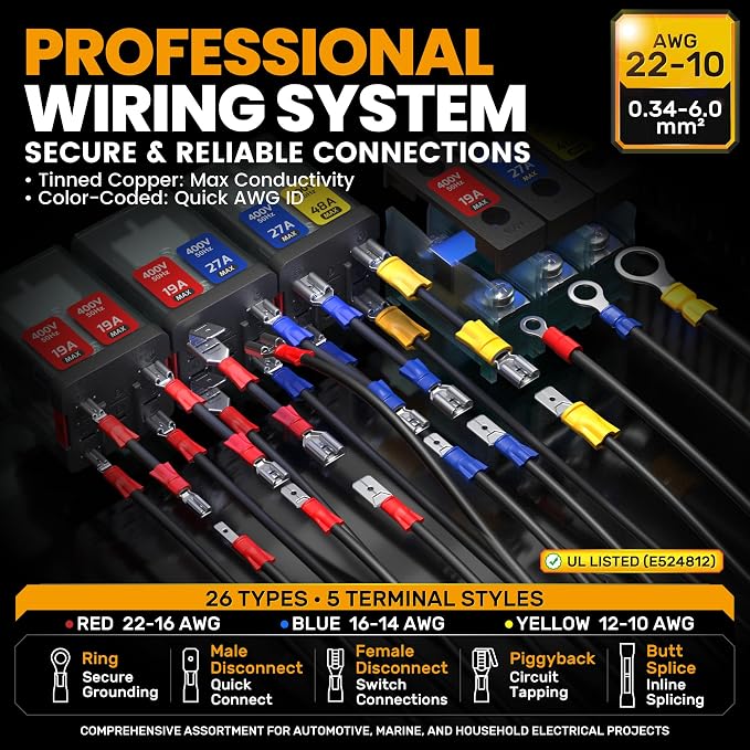 SOMELINE Wire Connectors Kit with Crimping Tool, 26 Types (UL Listed) Premium Insulated Electrical Terminals Assortment, 22-10 AWG Ratchet Wire Crimper - Ring, Butt, Quick Disconnects (187 Pcs)