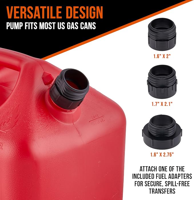 DeWay Fuel Transfer Pump for Gas Can with Precision Auto-Shutoff Nozzle | Fast 2.4GPM Flow Rate, Long 51” Hose, 4 AA Battery Power & 3 Fuel Adapters for Gasoline, Kerosene, Diesel & Non-Potable Water