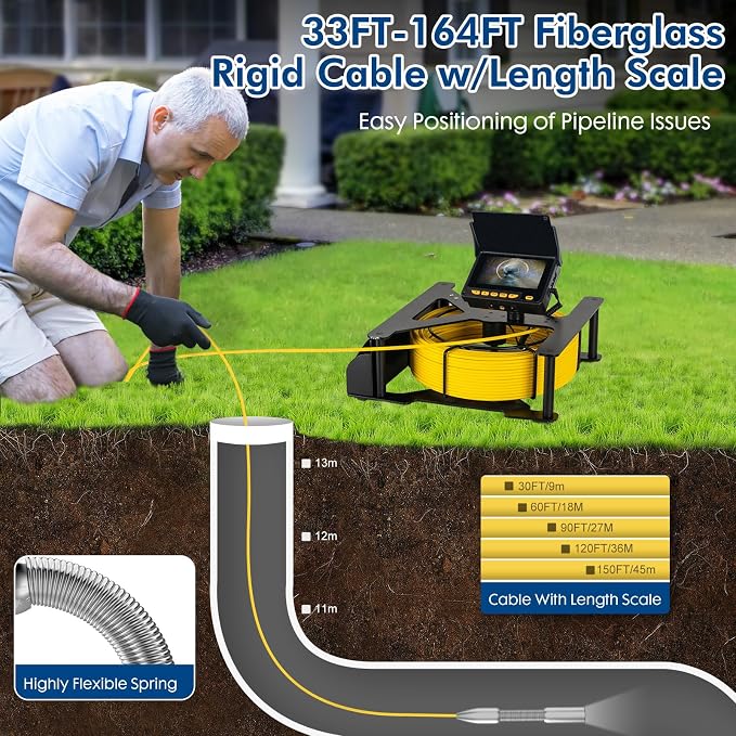 150 FT Sewer Camera Snake,JQKJCAM 32GB 17MM Sewer Inspection Pipe Drain Camera with Light,4.3'' Video Screen,M+FT Mark,0.67'' Waterproof Plumbing Borescope for Plumber Householder(50M)