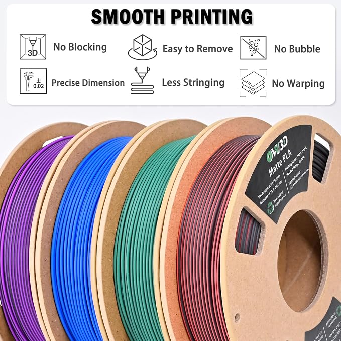 OVV3D Matte PLA 3D Printer Filament Bundle 250g x 4 Spools, Dual Color Filament 1.75mm Pack, Multi Color Change 3D Printing Filament, High Quality Matte Surface, Black - Red, Blue, Green, Purple