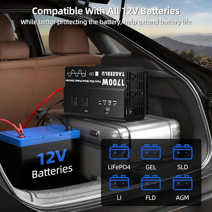 1700W Pure Sine Wave Power Inverter 12V DC to 110V 120V AC for Solar, Truck | Inverter for Car with 4 AC Outlets & 4 USB (30W QC & PD), LCD Display, 3400W Peak, Car Converter for RV Home Off-Grid Camping