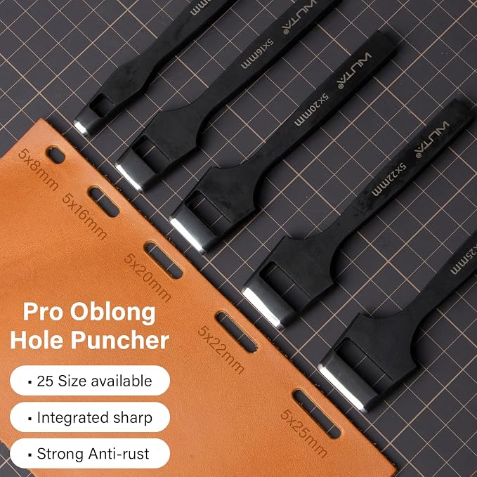 WUTA 4 Pcs Leather Belt Hole Puncher Oval Cutter Strap Watch Band Flat Punches Heavy Duty Oblong Tools for Leathercrafting (2 * 5+3 * 5+1.5mm Round+2mm Round)