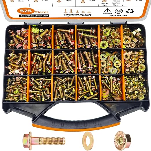 525PCS Metric Flanged Bolts and Nuts Kit, Grade 8.8 M6 M8 M10 Hex Flange Head Metric Bolts Screws Assortment, Automotive Grade Metric Bolts with Handy Storage Case