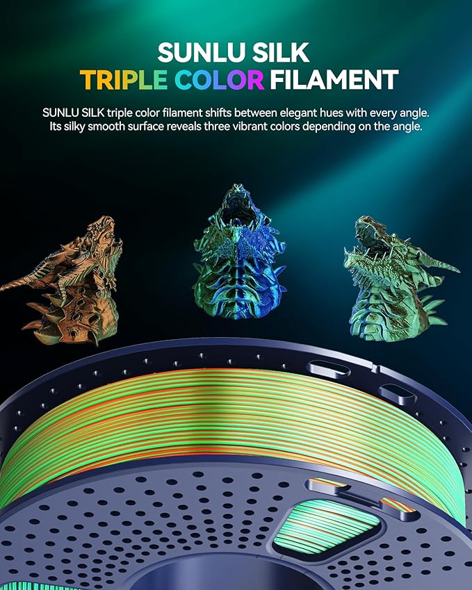 SUNLU Silk Triple Color PLA Filament Bundle Muticolor, Neatly Wound Shiny Silk 3D Printer Filament 1.75mm ±0.02mm, Individually Vacuum Packed, 0.25kg per Spool, 1kg in Total, 4 Pack.