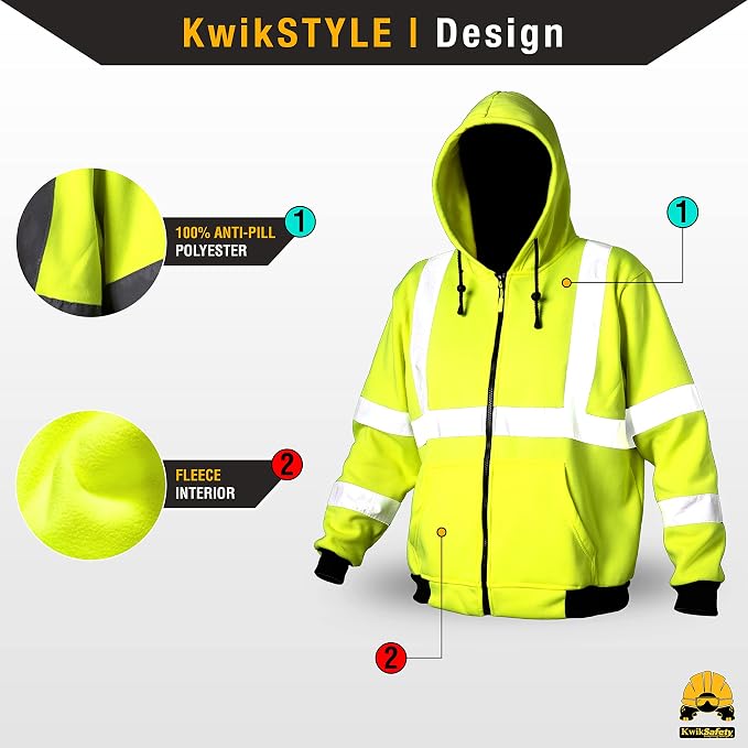 KwikSafety - Charlotte, NC - Men's Fleece Safety Hoodie | PPE Hi Vis Lightweight Reflective Jacket