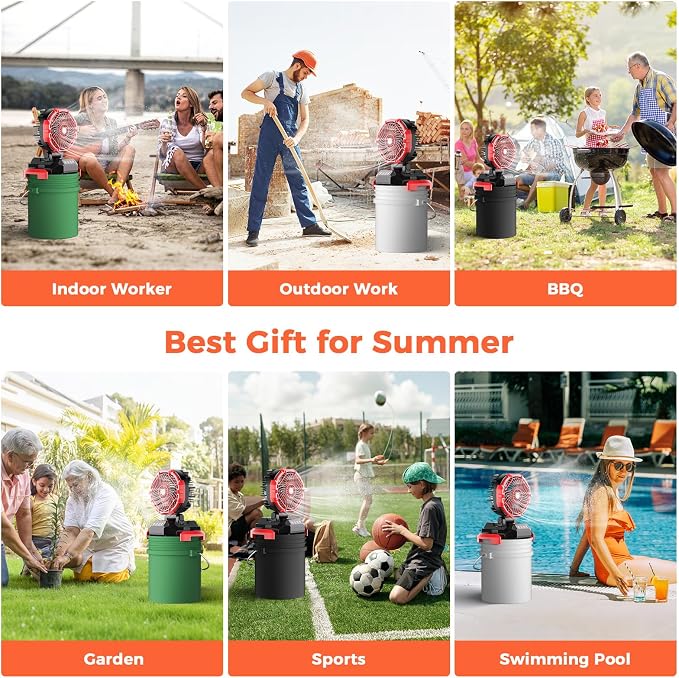 Portable Misting Fan, 30000mAh Rechargeable Battery Powered Floor Cooling Fan with 4 Strong Winds, 4 Spray Mister, Adjustable Base for 10-13in Bucket for Camping, Beach, Patio (Red, Medium)