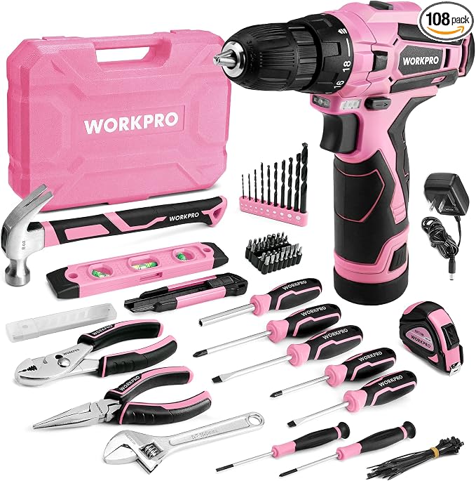 WORKPRO Pink Tool Set with Power Drill, 108PCS Portable Ladies Pink Drill Kit for Home with Toolbox and Hammer, 1.5 Ah Cordless Drills with Keyless Chuck and Variable Speed Trigger