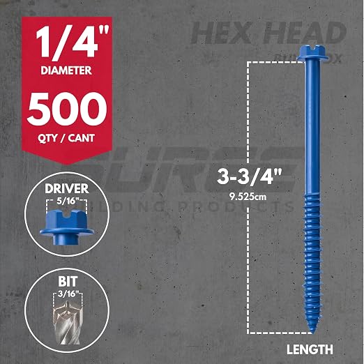 1/4" x 3-3/4" Hex Head Blue Concrete Screw Anchor with Drill Bit & Driver (Box of 500) | Masonry Screws for Concrete, Block, and Brick