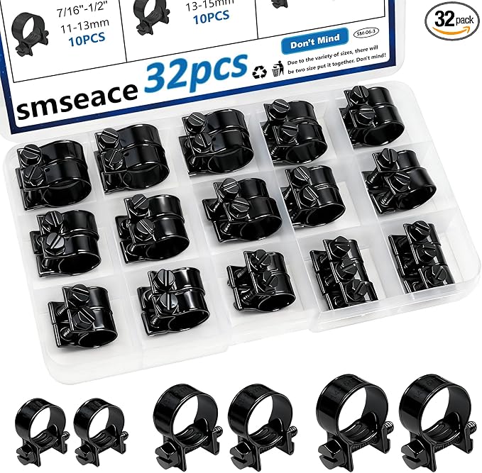 smseace 32Pcs Black Fuel Line Clamps Fuel Injection Hose Clamps 1/4inch 5/16inch 3/8inch Zinc Plated High Pressure Hose Clamps For Diesel/Petrol Pipe in Automotive,Marine,Truck