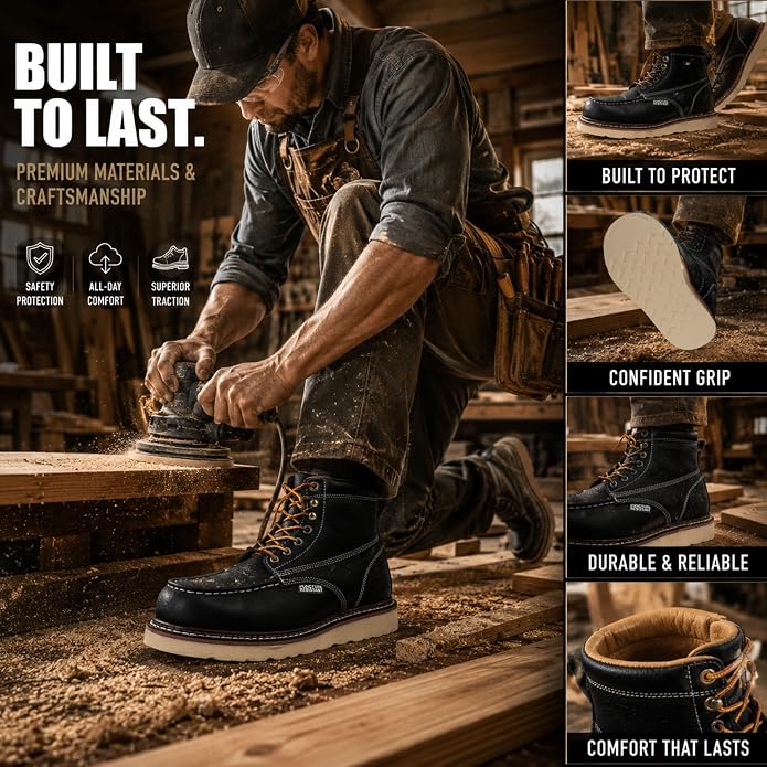 Work Boots for Men, 6" Leather Lightweight Comfort Moc Toe Steel Toe Puncture Resistant Wedge Safety Boots, Goodyear Welt, Industrial, Construction, Electrician, US 7-17