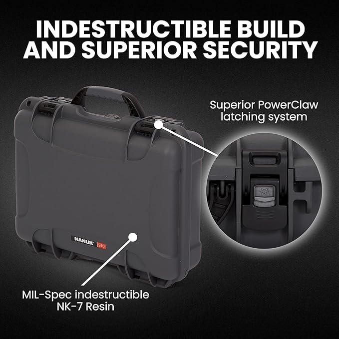 NANUK 910 Hard Case with Customizable Cubed Foam, IP67 Waterproof, Dustproof and Impact Resistant, 14.3” x 11.1” x 4.7”, Rugged Construction for Ultimate Protection, Made in Canada – Graphite