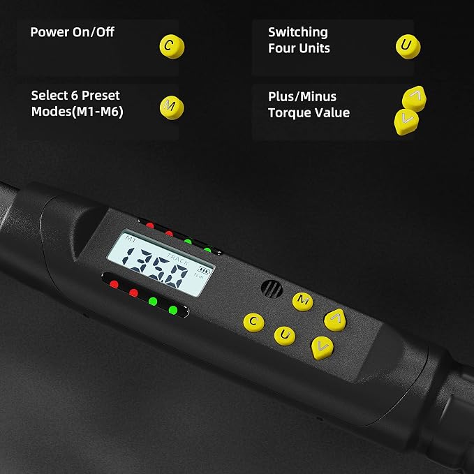 1/2 Inch Drive Digital Torque Wrench, 12.5-250.8 Ft.lb/17-340 Nm Electronic Torque Wrench, ±2% Accuracy with Preset Value, Data Storage, Buzzer and LED Flash Notification for Motorcycle, Car
