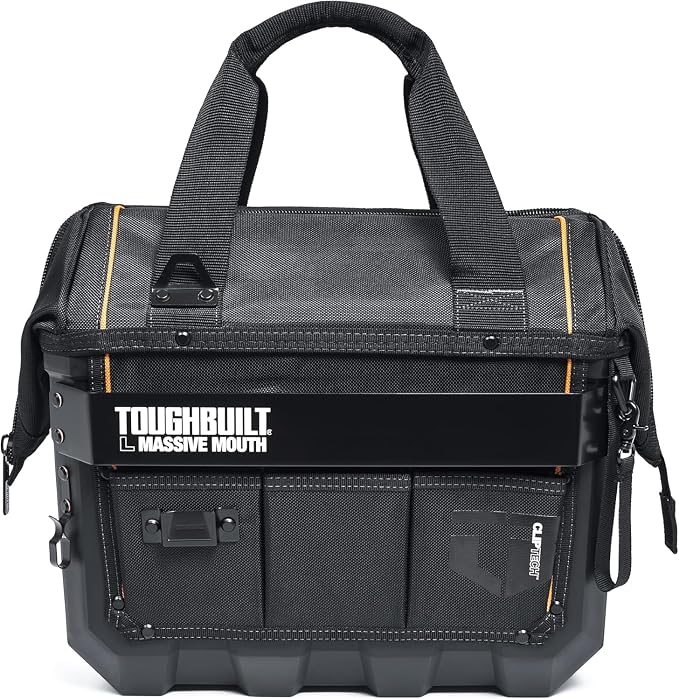 ToughBuilt ClipTech Series – 16" Massive Mouth Tool Bag, Heavy-Duty Wide-Mouth Storage Bag Rigid Frame 1680D Ballistic Fabric, Reinforced Handles Waterproof Base (TBL-CT-62-16A)