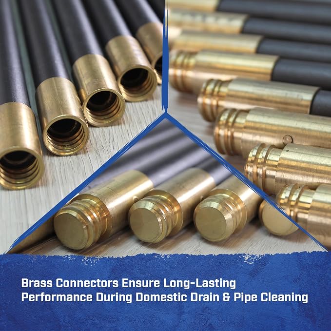 Faithfull FAIDRSET12 Drain Rod Set 9M (30ft) 10 x Rods, Plunger, Worm. Brass Rod Commectors