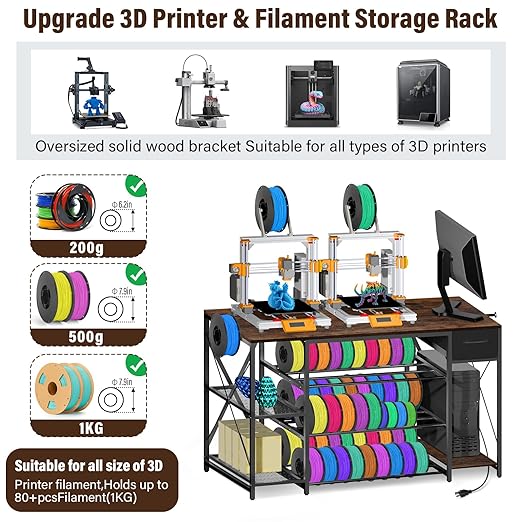 3D Printer Stand with Charging Station, Large 4-Tier 3D Printer Table with Filament Storage and Storage Drawer,Filament Rack,Heavy Duty 3D Printer Desk for Workshop,Office and Garage,Brown