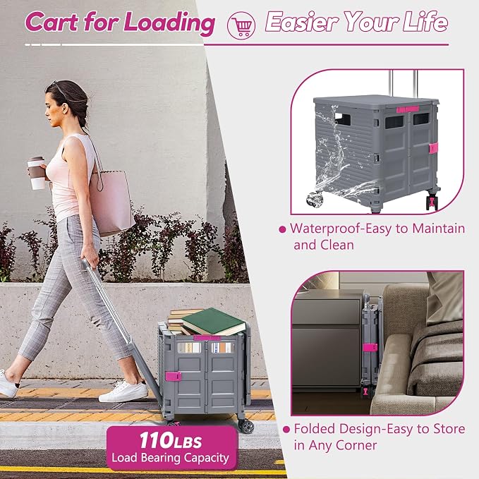 Foldable Utility Cart Rolling Crate Handcart Shopping Cart with Rotate Wheels Extended Magnetic Lid Telescoping Handle Adjustable Angle for Transports Groceries Office Teacher File(Gray)